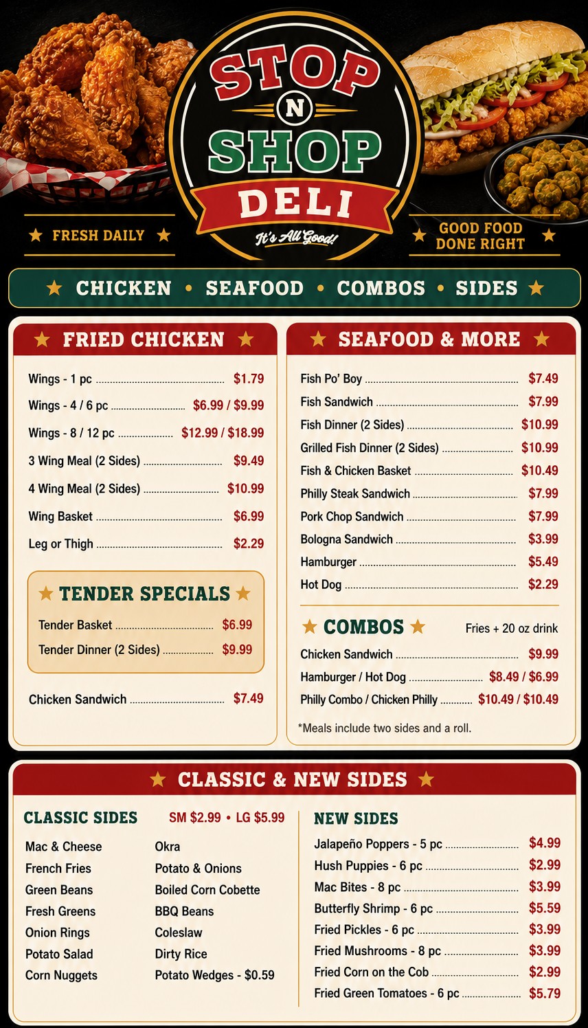 Stop N Shop Deli menu board showing fried chicken, seafood, combos, and sides with prices. The same item list is written out for screen readers below.